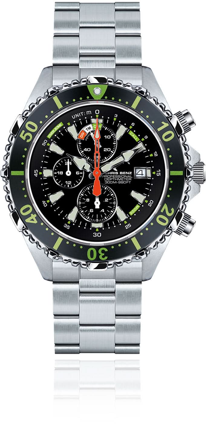 Montre homme avec cadran noir, lunette verte et bracelet en acier inoxydable