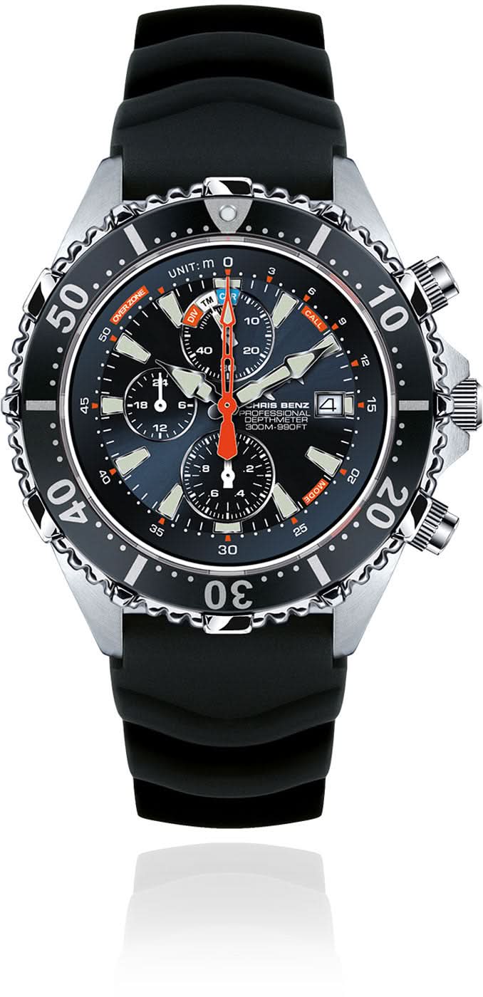 Montre pour homme avec chronographe, cadran bleu foncé et bracelet en caoutchouc noir