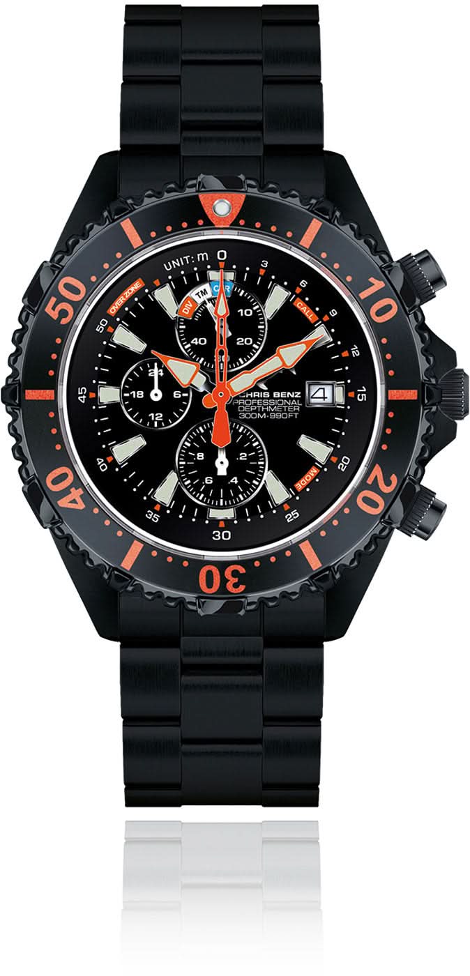 Chris Benz Herrenuhr: schwarzes Armband, schwarzes Zifferblatt, orangefarbene Akzente