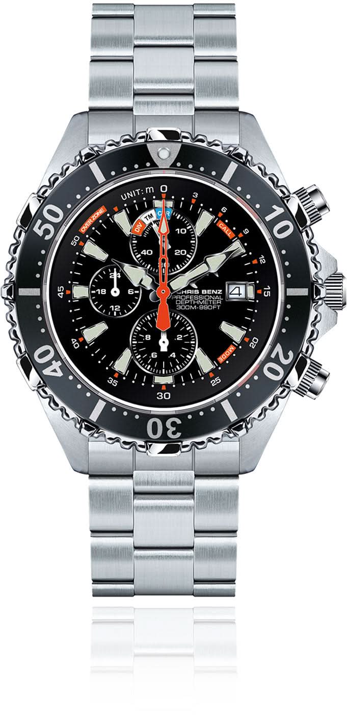 Montre homme avec cadran noir, compteurs chronographes et bracelet en acier inoxydable argenté