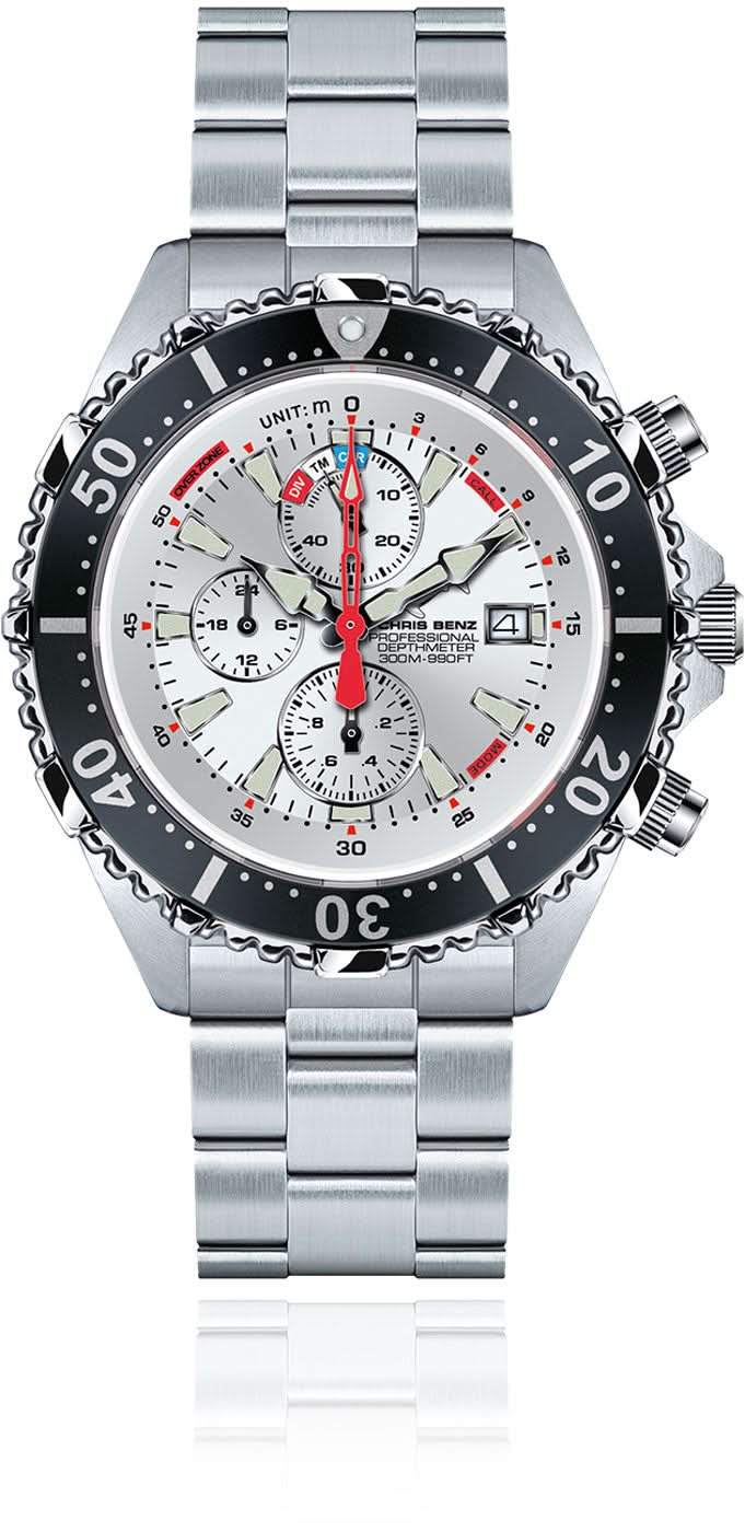 Montre analogique pour homme avec cadran blanc, aiguilles de chronographe rouges et bracelet en acier inoxydable