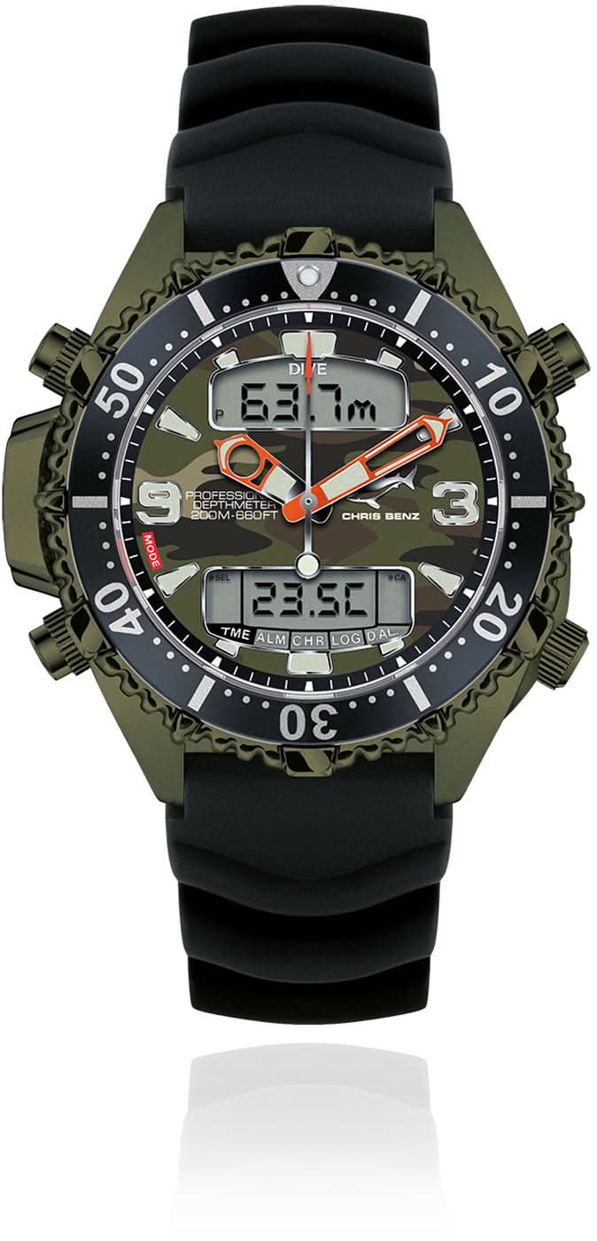 Herrenuhr mit digitalem Display, schwarzem Armband, dunkelgrünem Ziffernring und Leuchtelementen