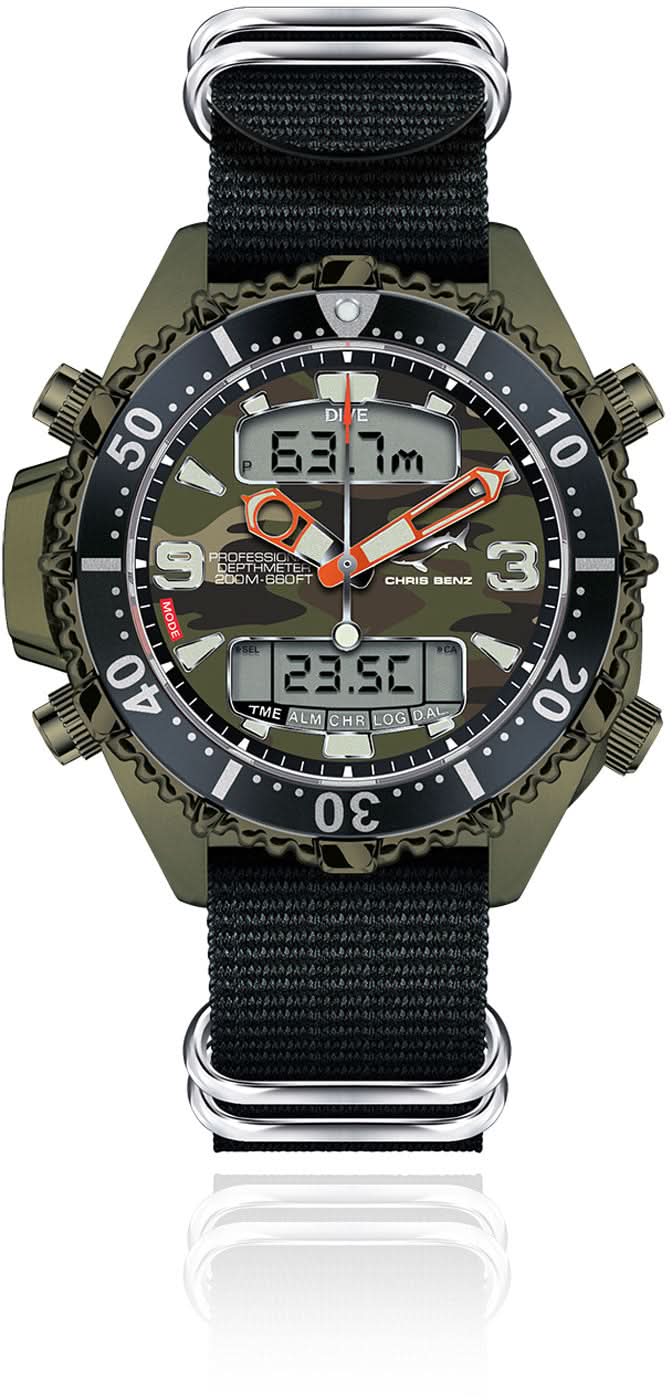 Digital-Tiefenmessuhr mit schwarzem Textilarmband, schwarzer Lünette und Display