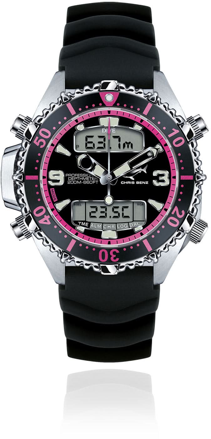 Digitale Taucheruhr mit schwarzem Armband, pinker Lünette und digitaler Anzeige
