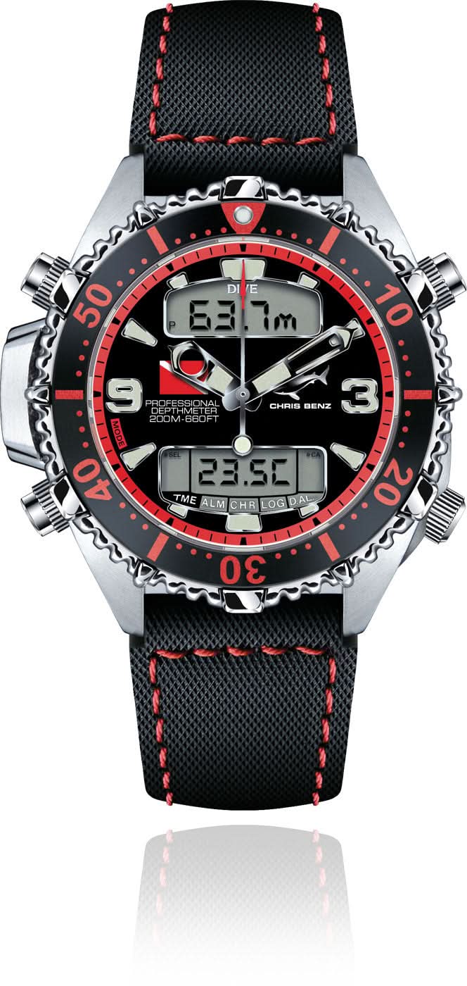Montre homme avec bracelet textile noir, lunette rouge et affichage numérique