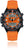 Herrenuhr mit orangefarbenem Silikonarmband, schwarzem Zifferblatt und Digitalanzeige