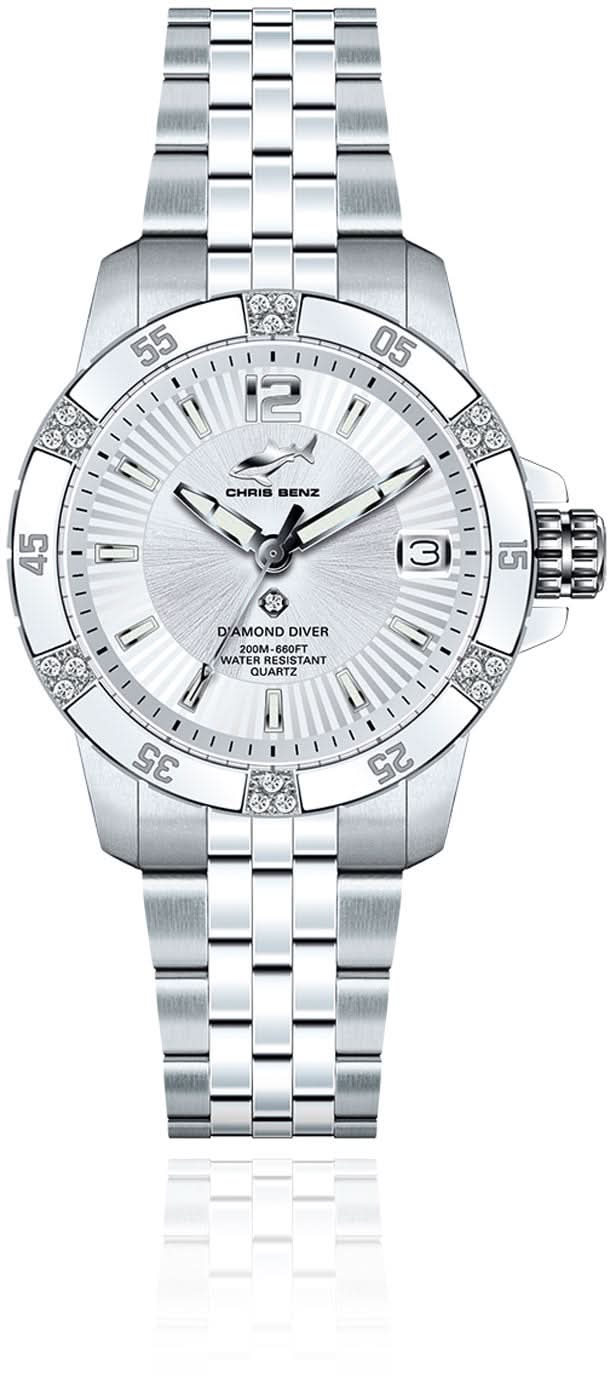 Damenuhr mit Metallarmband, weißem Zifferblatt und Diamantlünette