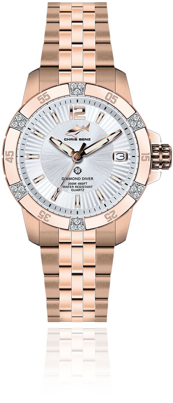Montre pour femme avec bracelet en métal couleur or rose et cadran blanc, lunette sertie de diamants