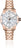 Montre pour femme avec bracelet en métal couleur or rose et cadran blanc, lunette sertie de diamants