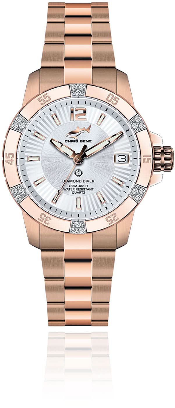 Montre pour femme couleur or rose avec verre saphir, lunette en diamant et bracelet en acier inoxydable