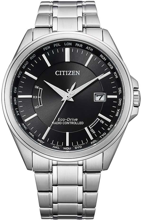 Silberne Herrenuhr mit schwarzem Zifferblatt, Zeigern und Metallarmband