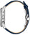 Bracelet montre avec bracelet en cuir bleu foncé et boîtier argenté, vue latérale avec couronne