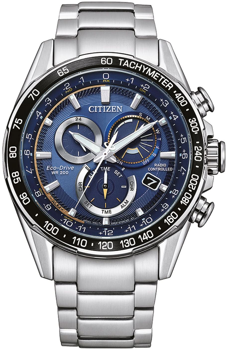 Herrenarmbanduhr mit silberfarbenem Metallband und blauem Zifferblatt, Chrono-Design