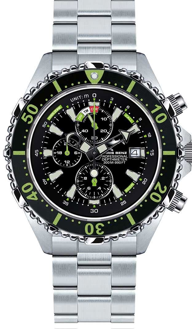 Taucheruhr mit silbernem Metallarmband, schwarzem Zifferblatt und grünen Akzenten