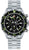 Taucheruhr mit silbernem Metallarmband, schwarzem Zifferblatt und grünen Akzenten