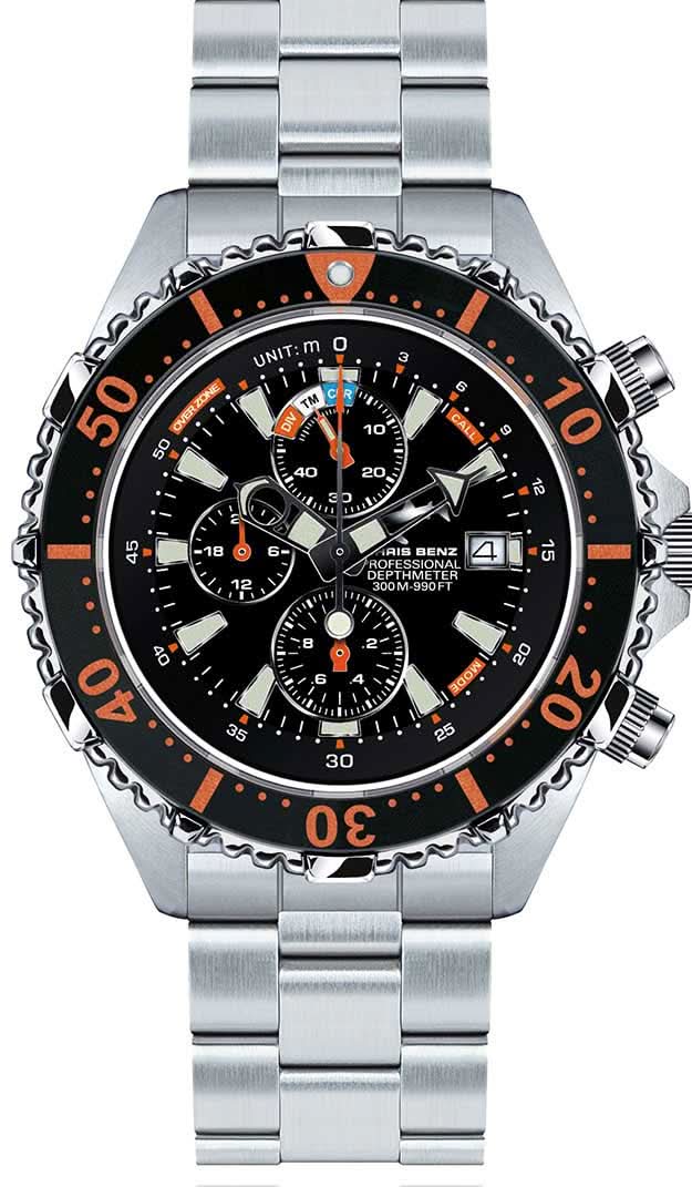 Montre Chris Benz Depthmeter avec bracelet en acier inoxydable argenté, cadran noir et lunette orange