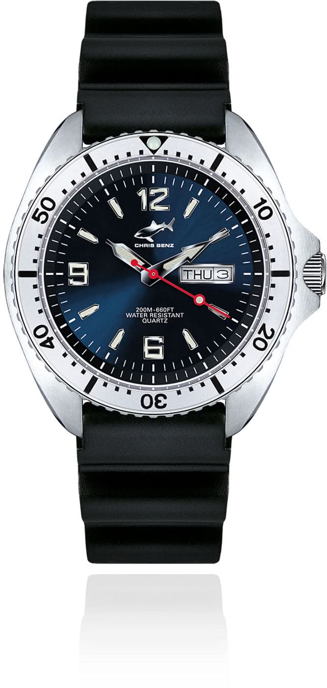 Damenuhr mit blauem Zifferblatt, schwarzen Armband und silbernem Gehäuse