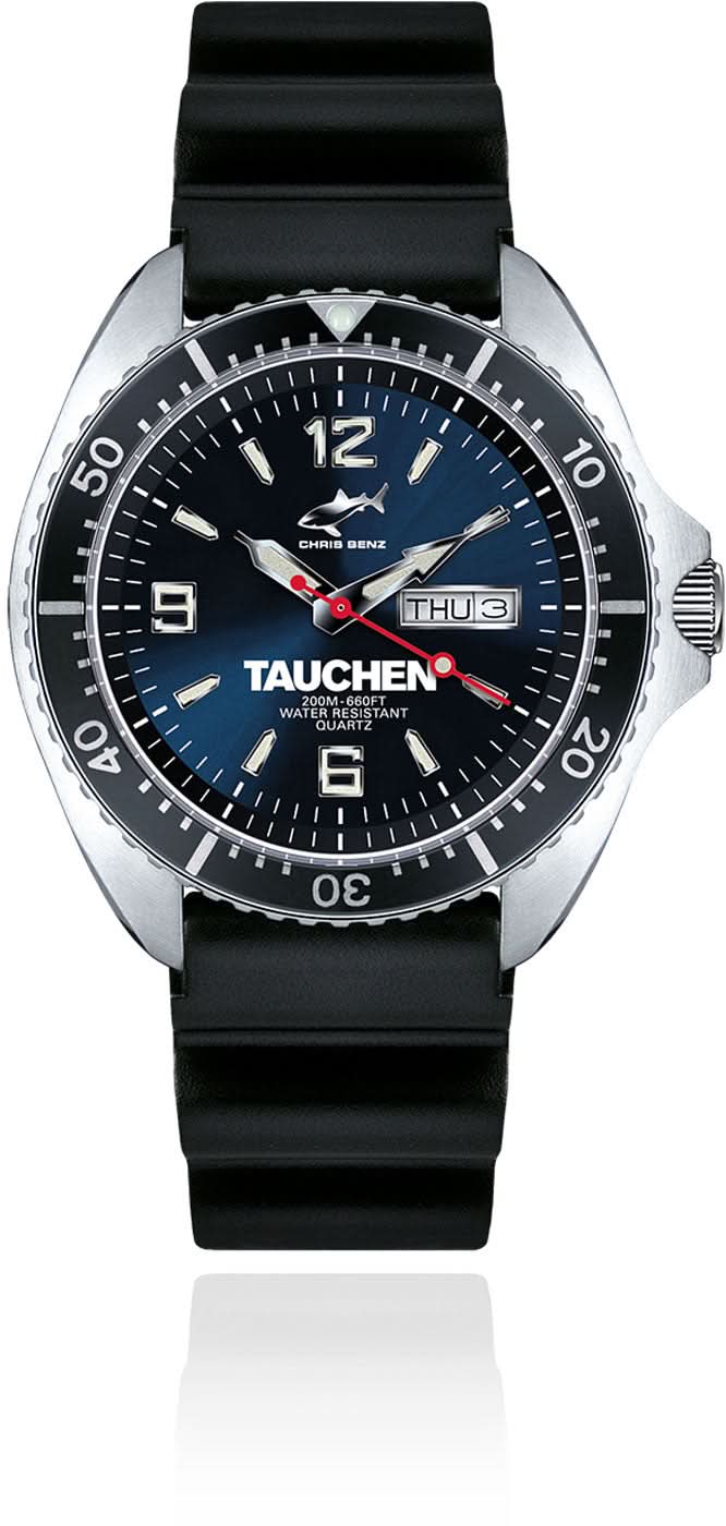 Chris Benz Montre de plongée avec bracelet noir, cadran bleu et affichage de la date