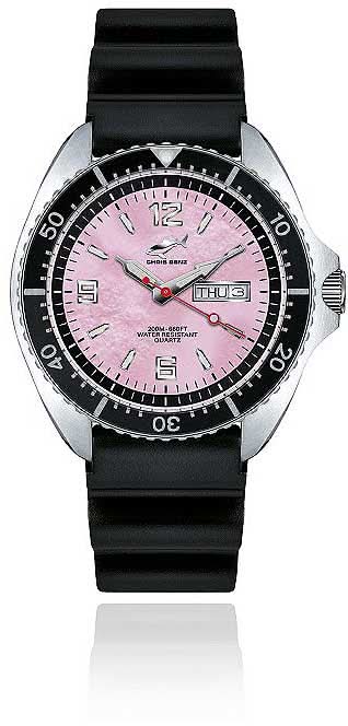 Montre Chris Benz pour homme avec cadran rose, bracelet en caoutchouc noir et lunette
