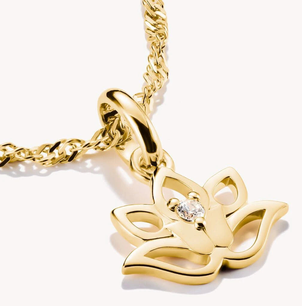 Charm fleur de lotus sur chaîne, plaqué or 18 carats, avec zircone au centre