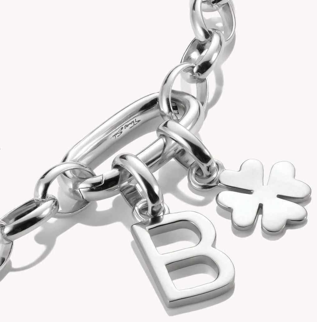 Pendentif breloque en argent avec lettre B, sur anneau de chaîne avec passant