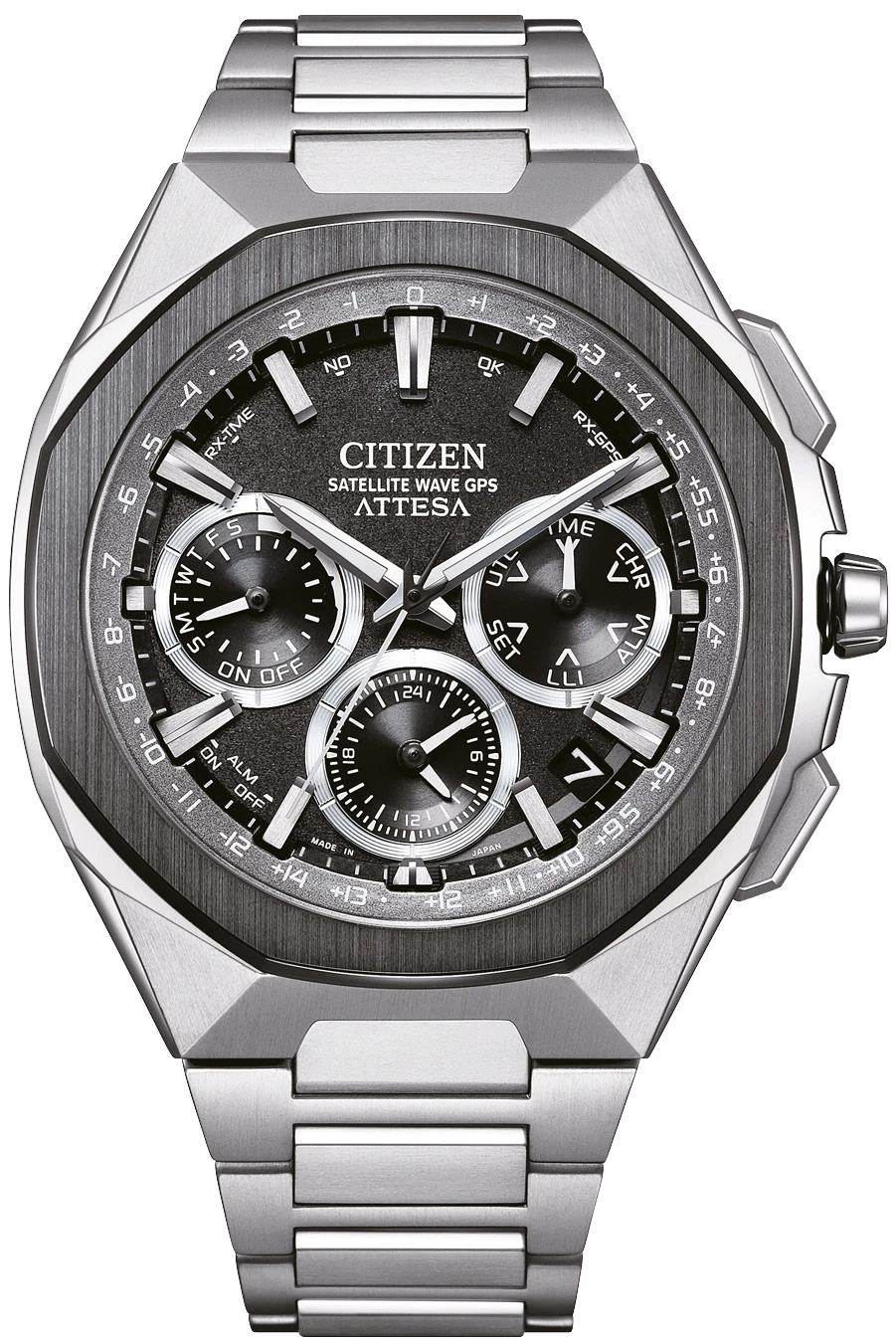 Bracelet de montre pour homme avec bracelet en métal argenté et cadran noir, design chronographe