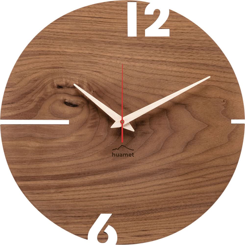 Wanduhr aus Walnussholz mit weißen Zeigern und Ziffern, rundes Holzdesign