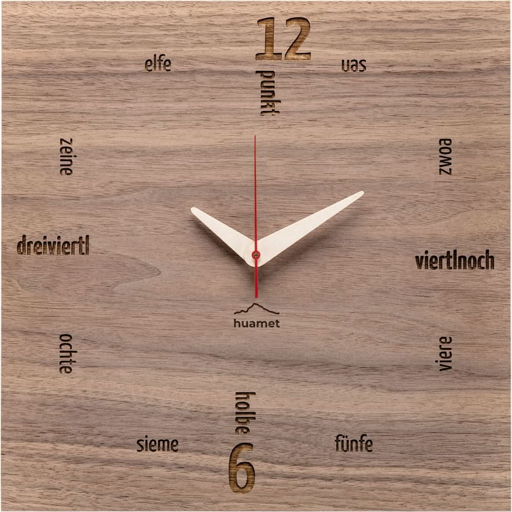 Rechteckige Wanduhr aus Nussbaum-Holz mit Zifferblatt und Zeigern