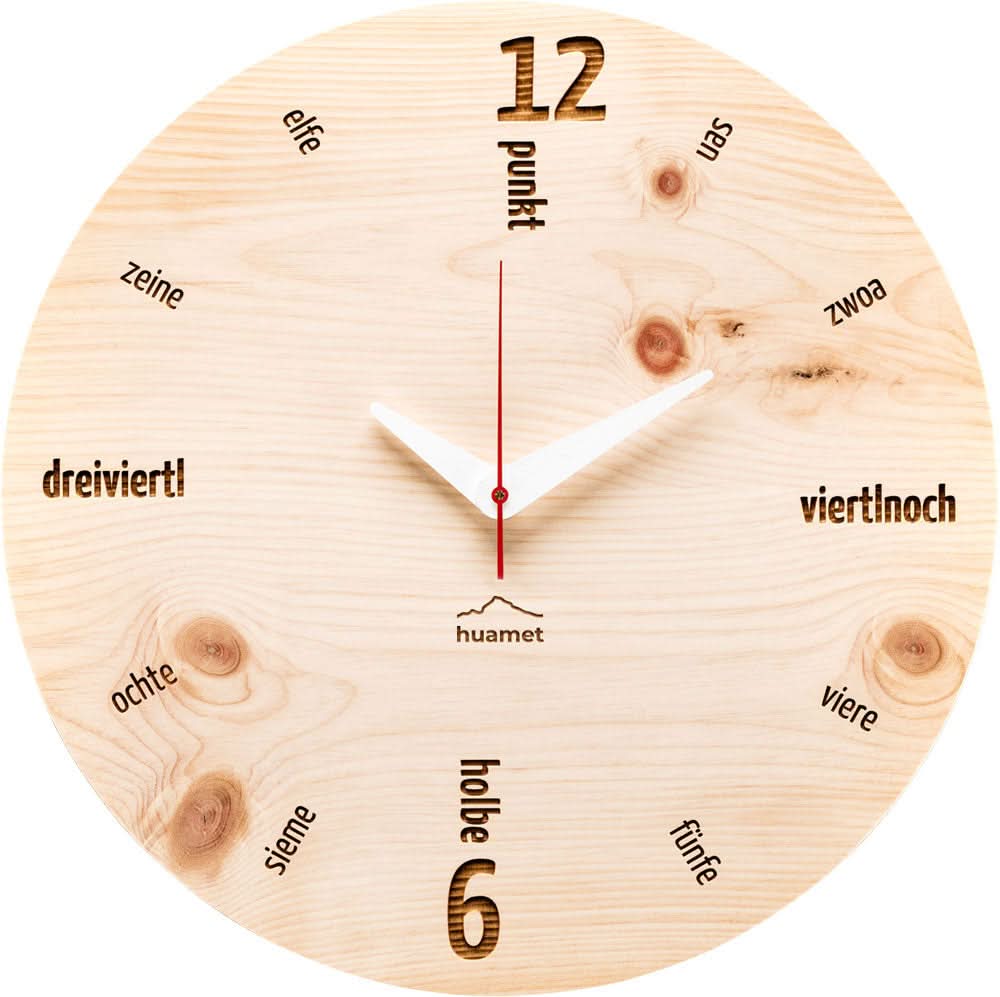 Horloge murale en bois avec boîtier en bois clair, chiffres et trotteuse rouge