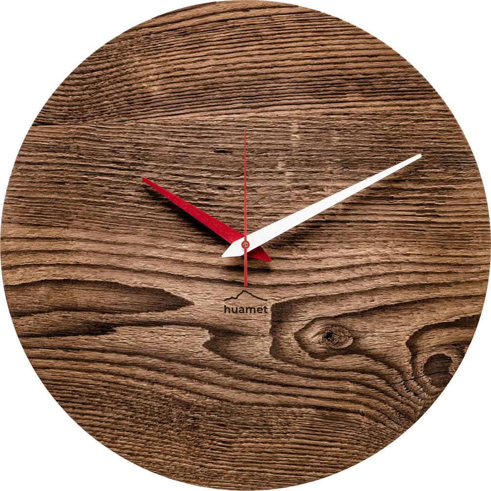 Holzwanduhr rundes Holzdesign mit Zeigern in Rot und Weiß, Logo huamet