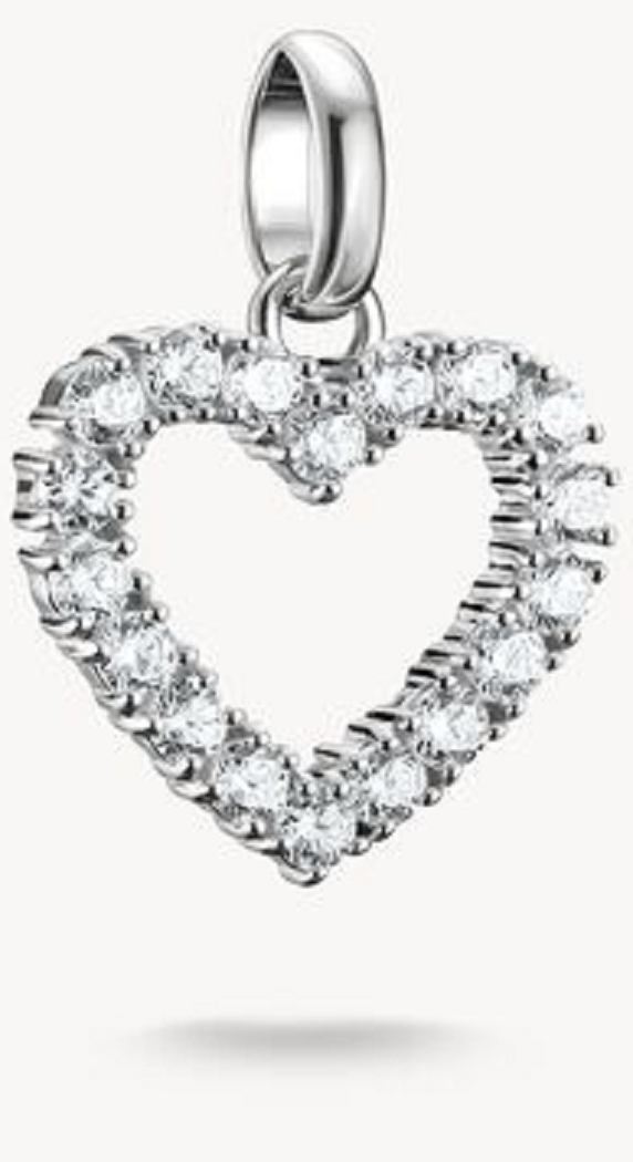 Pendentif breloque cœur argenté avec pierres transparentes scintillantes et passant