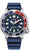 Montre homme avec bracelet en caoutchouc bleu, cadran bleu et lunette rouge