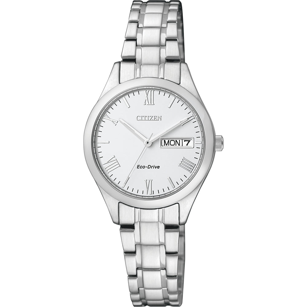 Citizen Eco-Drive Damenarmbanduhr mit silbernem Metallband und weißem Zifferblatt, Datumsanzeige