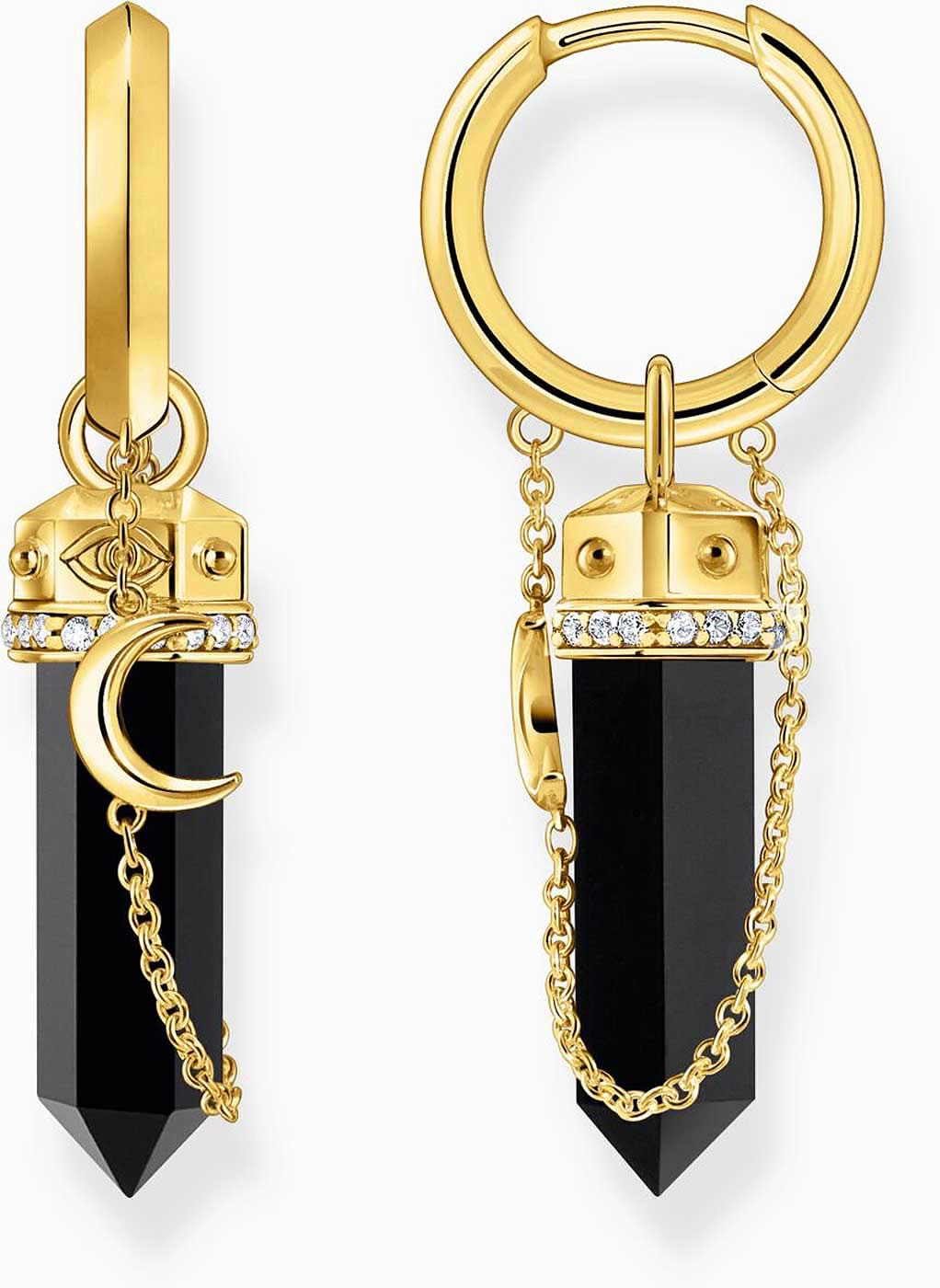 Paire de boucles d'oreilles avec créole dorée et pendentif goutte en onyx noir, chaîne attachée