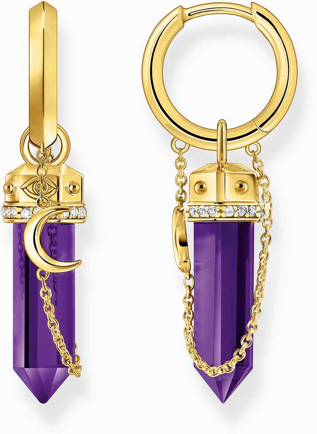 Créoles dorées avec pendentif améthyste violette et chaîne, ensemble de boucles d'oreilles pendantes