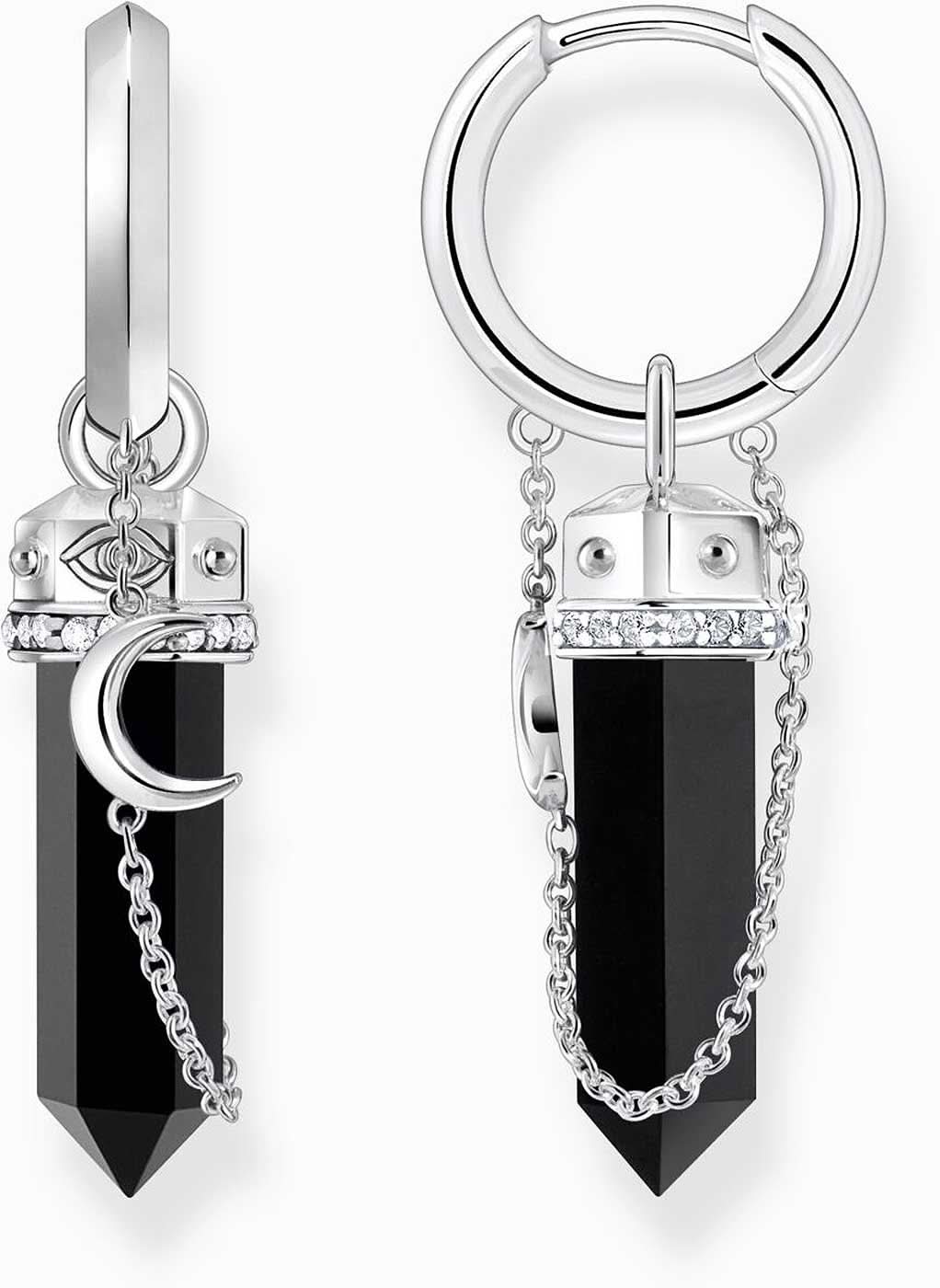 Créoles argentées avec pendentif noir et chaîne à maillons