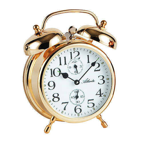 Réveil doré avec double cloche et cadran analogique blanc