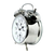 Réveil mécanique à double cloche, couleur argent, vue latérale avec cadran blanc