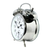 Réveil mécanique à double cloche, couleur argent, vue latérale avec bouton de remontage rond