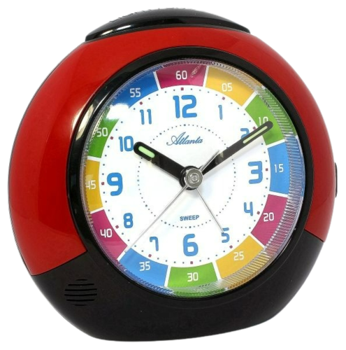 Réveil éducatif pour enfants avec cadran analogique, boîtier rouge et noir, chiffres colorés.