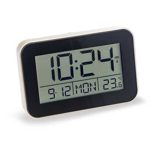 Radio-réveil numérique avec écran LCD, boîtier noir et contour doré