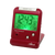 Radio-réveil Atlanta avec affichage calendrier et température, boîtier rouge avec écran vert