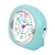 Réveil analogique bleu avec façade en verre, chiffres 1–12 et marqueurs colorés.