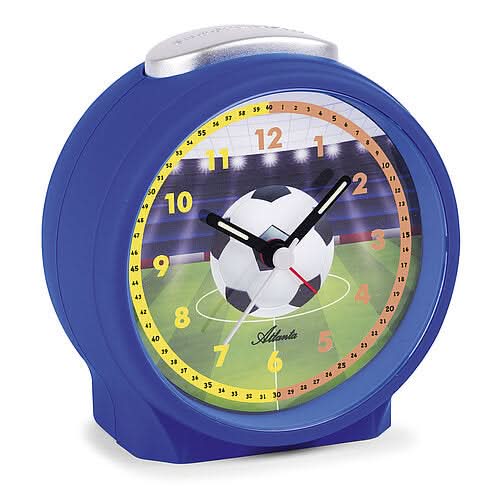 Réveil bleu à motif de football avec chiffres analogiques sur un cadran rond