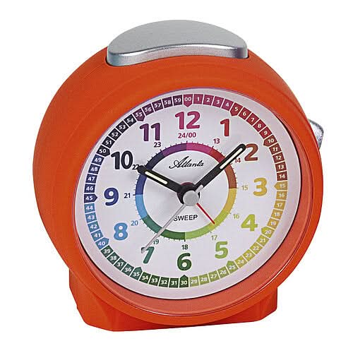 Réveil avec boîtier orange, cadran rond et chiffres multicolores