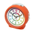 Réveil avec boîtier orange et cadran multicolore, cloche argentée