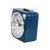 Réveil bleu en profil latéral avec cadran analogique rond et insert rouge sur le dessus