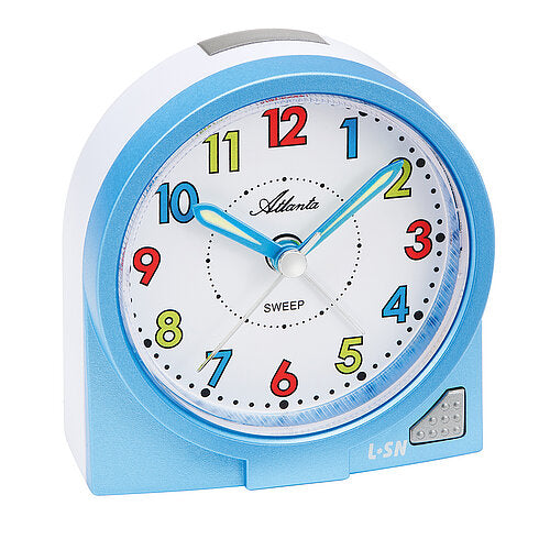 Réveil enfant avec boîtier bleu et cadran blanc, chiffres et aiguilles colorés