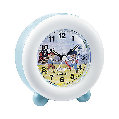 Réveil enfant bleu clair avec cadran et motif pirate, avec pieds