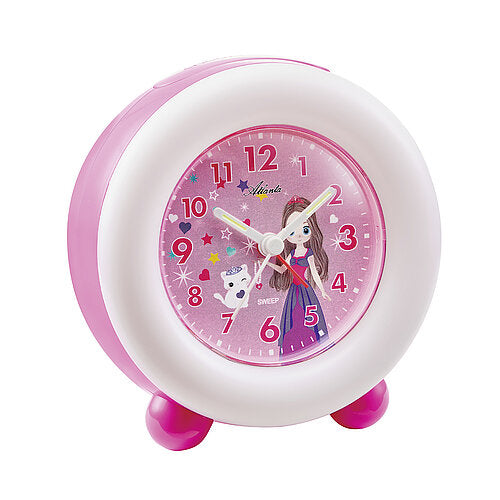 Réveil enfant avec anneau lumineux, boîtier rose et cadran analogique avec motif de personnage